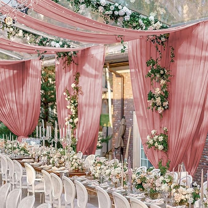 FUHSY 4 Panels Dusty Rose Ceiling Drapes for Wedding Ceiling Drapes 5x20 FT Sheer Ceiling Curtains Arch Draping Fabric Chiffon Drapery Fabric Rose Wedding Ceremony Decorations