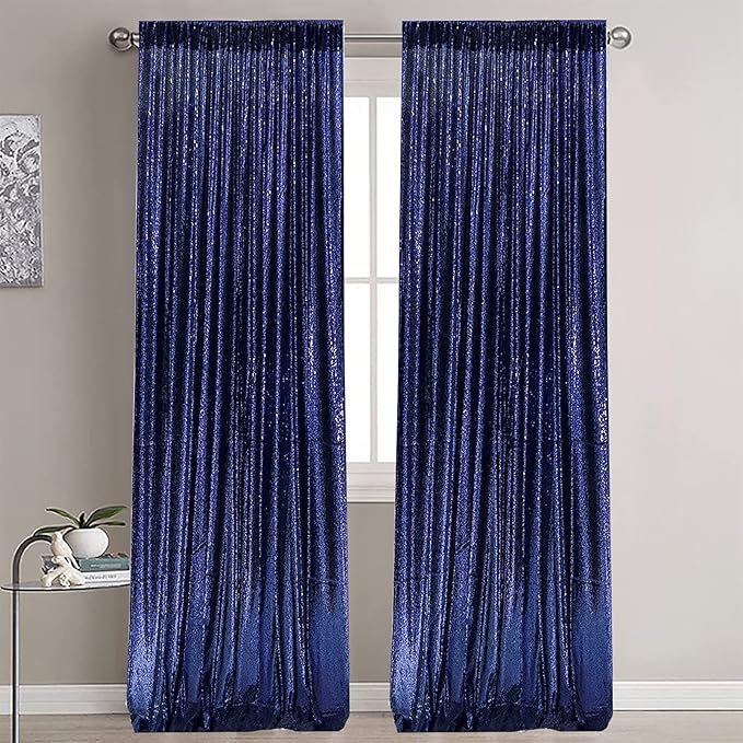 Navy Blue Sequin Backdrop Curtains 2 Panels 2FTx8FT Glitter Navy Blue Drapes Photo Backdrop Party Wedding Baby Shower Backdrops Sparkle Photography Background Curtains