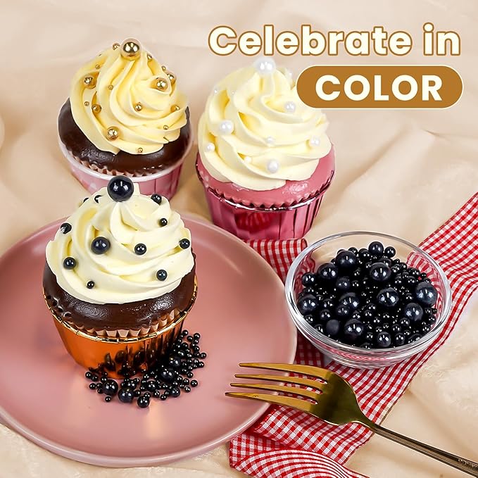 Edible Black Pearl Sugar Sprinkles, Black Pearl Sprinkles for Cake Decorating, 180g/6.35oz, Cupcake Toppers, Cake Decorations, Ice Cream, Wedding Party Halloween Supplies