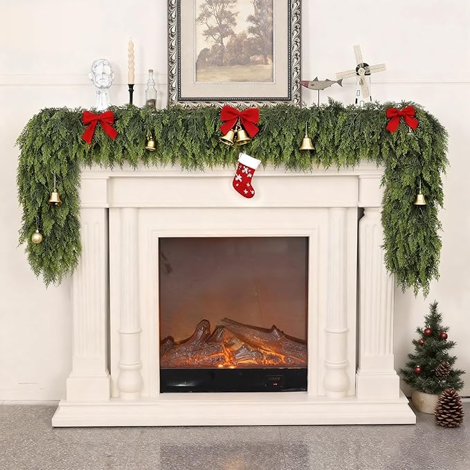 16FT Real Touch Cedar Garland - Artificial Christmas Garland Fake Green Faux Thick and Lush Pine Needles Garlands for Table Fireplace Mantle Holiday Home Indoor Outdoor Decor (1PCS)