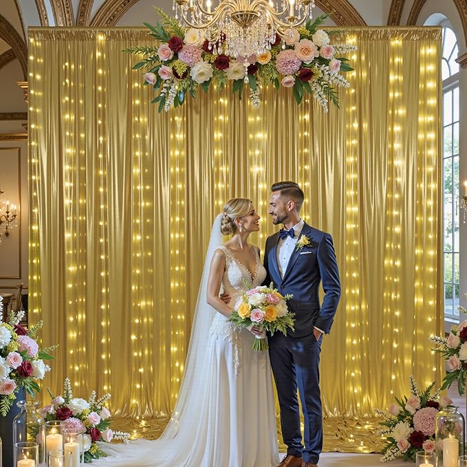 30x10 ft Gold Sequin Backdrop Curtain with Lights for Parties, Wrinkle Free Glitter Photo Backdrop Drapes Shimmer Back Drop Cloth with Light Strings for Wedding Birthday Photography Background