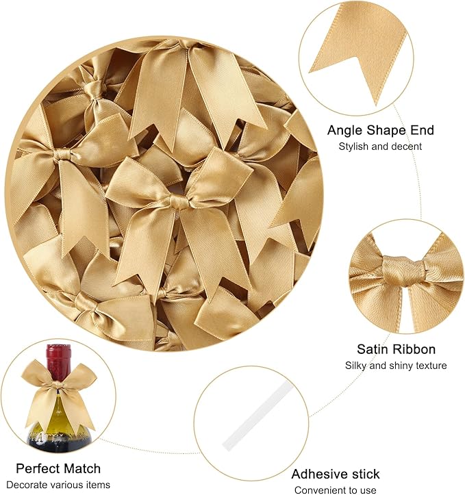 Feluwi Golden Gift Wrap Bows (50 Pcs) - 3.3 Inch Elegant Plastic-Free Bows for Christmas Gifts, Birthday Presents, Wedding Friendly Party Supplies, Baby Shower, Gift Bags Decorative Accessories