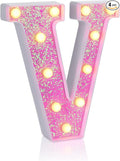 Foaky Pink Light up Letters，Pink Party Decorations,Girls Room Decor,Glitter Light Up Letters,Alphabet Letter Sign for Night Light Birthday Party Girls Gifts, Home Bar Decoration（V）