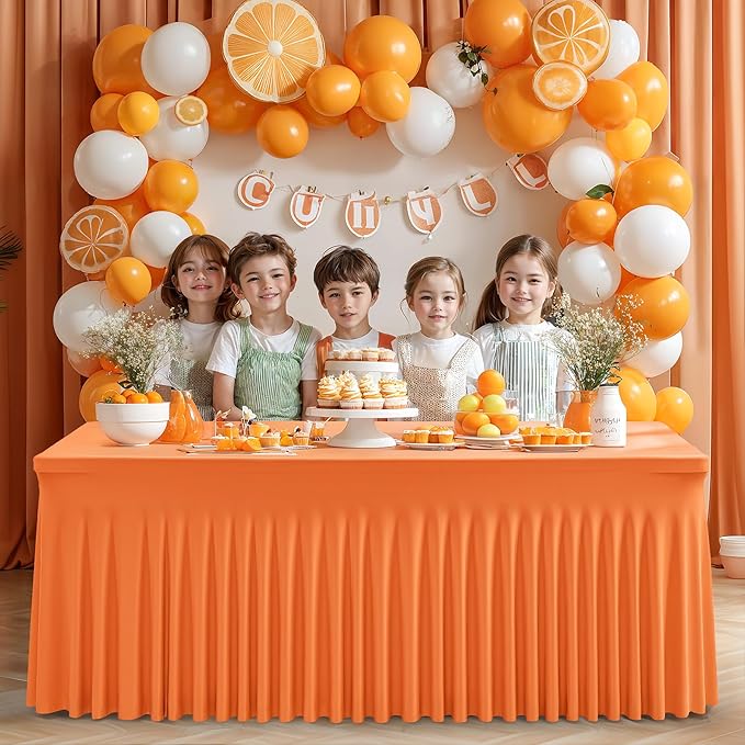 Wish Care 6 Pack Orange Spandex Table Clothes for 8 Foot Rectangle Tables, 8FT Wrinkle Free Fitted Tablecloths Ruffles Design Table Cover for Party, Banquet, Wedding and Events
