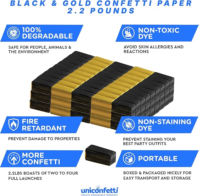 BLACK & GOLD Confetti Paper - BULK 2.2lbs | 1kg, Biodegradable Tissue Paper, Rainbow Light Weight, Non-Staining Paper, for Events, Crafts, Decorations
