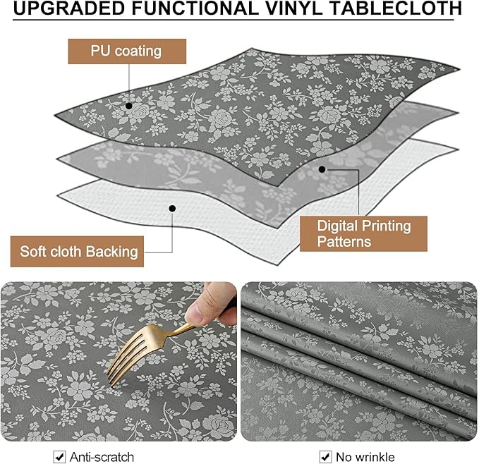Smiry Rectangle Table Cloth, Waterproof Heavy Duty Vinyl Tablecloths, Wipeable Washable Table Cover for Kitchen and Dining Room (Grey, 54" X 120")