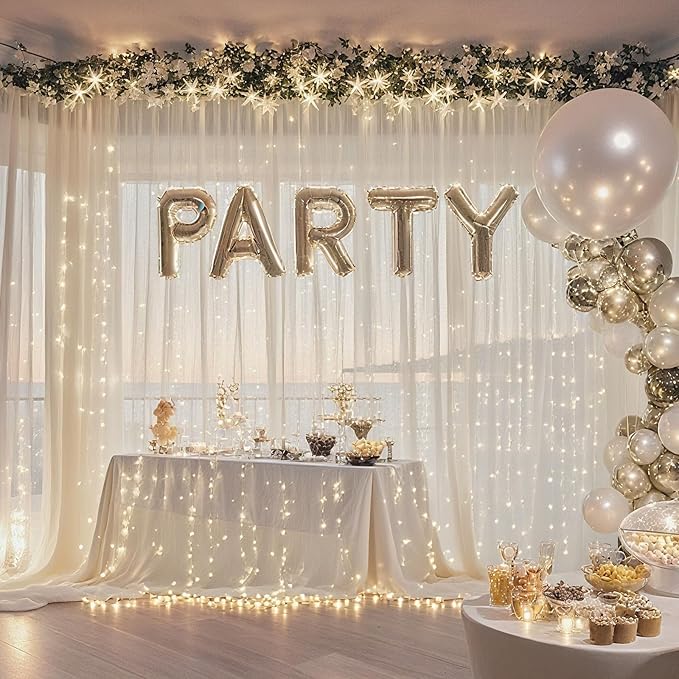 Ledido 10×8ft Tulle Backdrop Curtains with Lights String - 300LED Fairy Lights Sheer Curtain Backdrop for Weddings Baby Shower and Birthday Party Decorations(6 Panels 5×8ft)