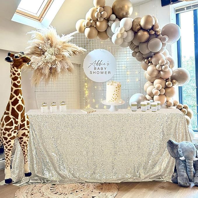 OQSQ Champagne Sequin Tablecloth 50x80 inch, Glitter Drape Table Cloth, Sparkle Sequence Table Overlays for Thanksgiving Day Wedding Birthday Party Baby Bridal Shower