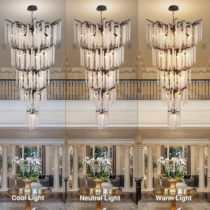 118'' Black Branch High Ceiling Chandelier, 28-Light Modern Long Tree Chandeliers, 3CCT Dimmable, Large Luxury Foyer Chandelier, Raindrop K9 Crystals Fixtures for Staircase, Entryway, Living Room