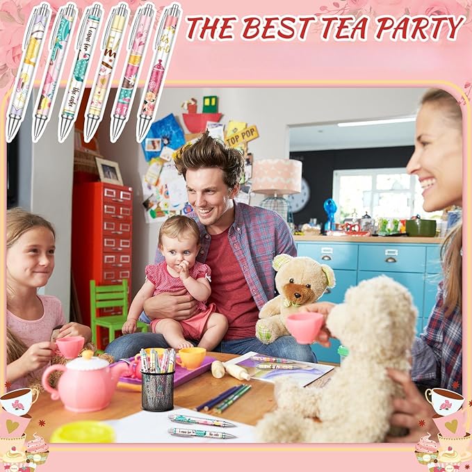 24 Pcs Tea Party Gift Pens Bulk Floral Tea Party Favors Pink Themed Party Decorations Tea Ballpoint Pen for Tea Party Birthday Party Supplies