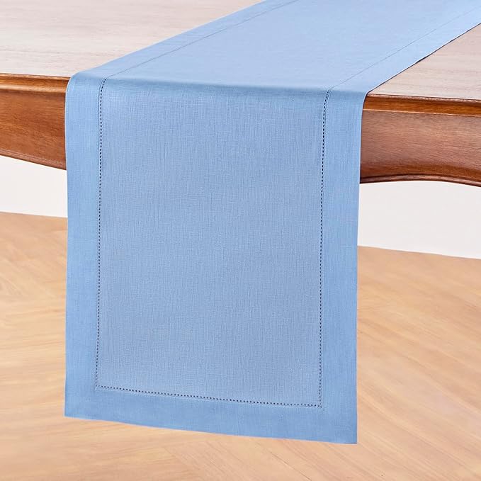 Solino Home Linen Cornflower Blue Table Runner 144 Inches Long - 100% Pure Linen Hemstitch 14 x 144 Inch Table Runner for Dining - Classic Hemstitch