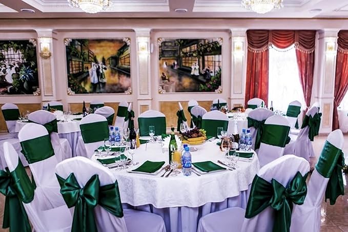 100 PCS Satin Chair Sashes Decorative Bows Universal Satin Chair Sashes Ties Ribbon Bow Chairs Cover Band for Wedding Birthday Party Ceremony Reception Banquet Restaurant Decor(7x108inch,Forest Green)