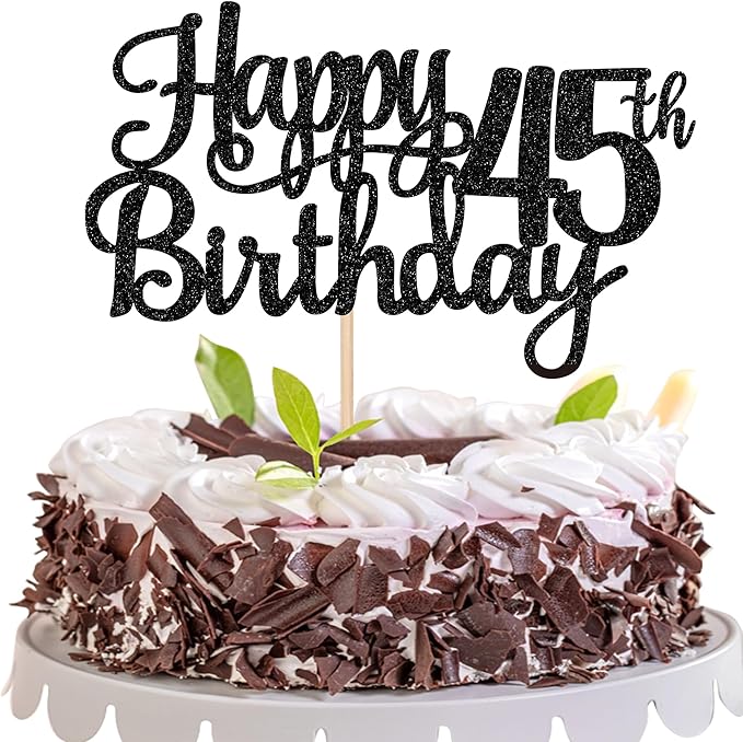 1 PCS Happy 45th Birthday Cake Topper Glitter Cheers to 45 Years Birthday Cake Pick 45 Fabulous Cake Decoration for Happy 45th Birthday Theme Party Decorations Supplies Black