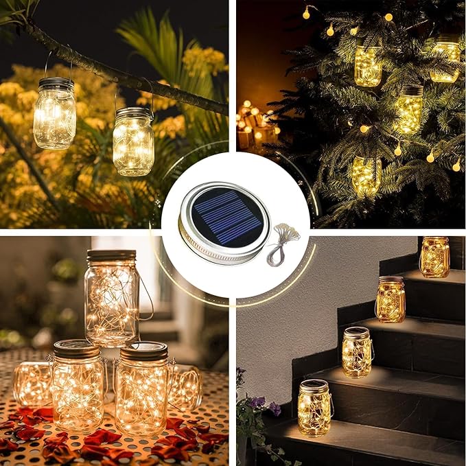 6 Pack Solar Mason Jar Lights for Outside, 30 LED Solar Mason Jar Lids Fairy Lights with 6 Hangers(No Jars) Outdoor Waterproof for DIY Patio Garden Yard Lawn Party Wedding Decoration Warm White