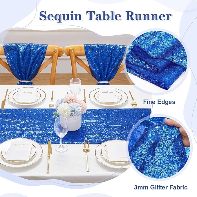 Glitter Sequin Table Runners Royal Blue 10 Pieces 12x108 Inches Sequin Fabric Shimmer Table Runner for Baby Shower Banquet Wedding Table Decorations