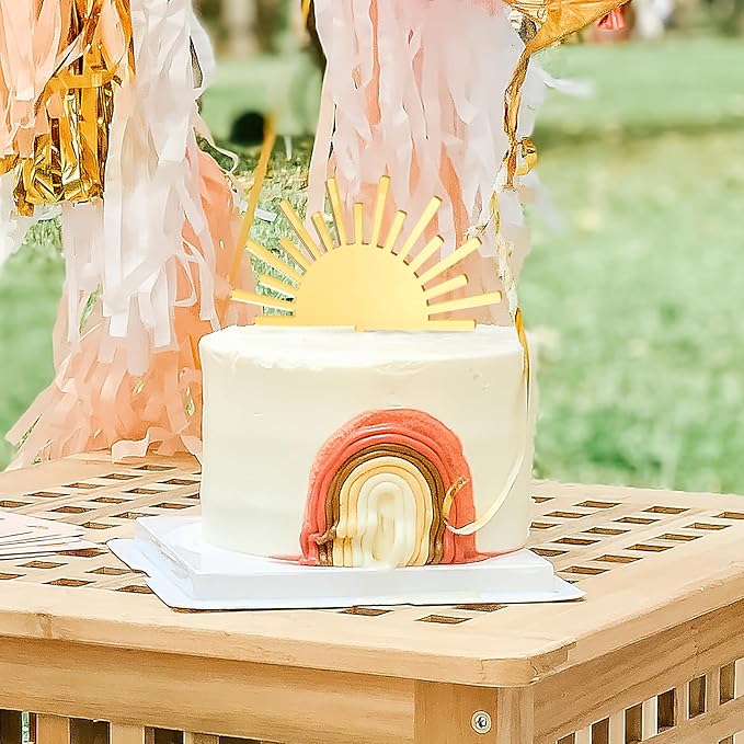 Huray Rayho Sun Acrylic Cake Topper Boho Theme Mirror Cake Topper for Photo Booth Props You Are My Sunshine Birthday Party Supplies First Trip Around the Sun Party Decoration