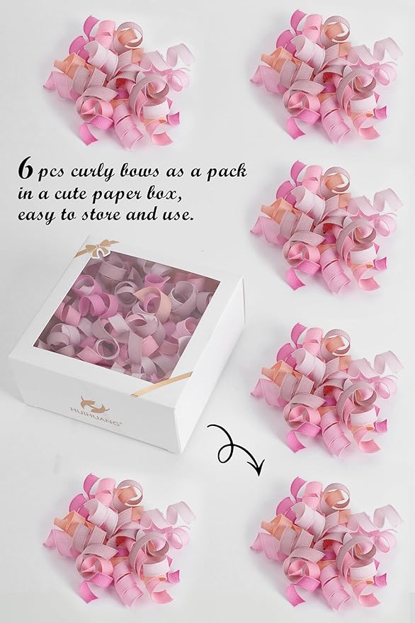 HUIHUANG Dusty Pink & Rose Bows for Gift Wrapping, Self-Adhesive Curly Ribbons for Presents, Wine Bottles, Treat Bags, Birthday & Wedding Favors - 6 Counts