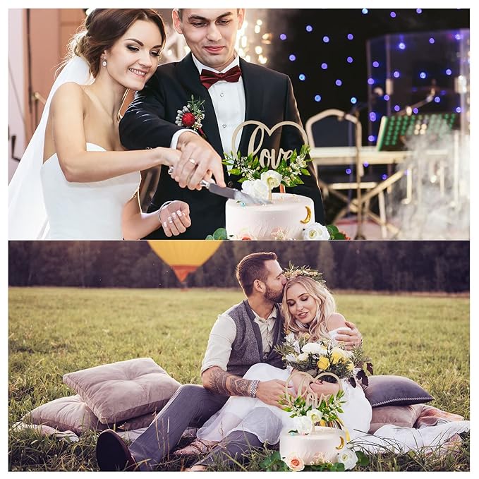 Juexica 6 Pcs Wedding Cake Topper Set Rustic Bridal Shower Heart Shaped Wedding Cake Topper Decorations Simulation Rose Flowers Leaves for Engagement Anniversary Party