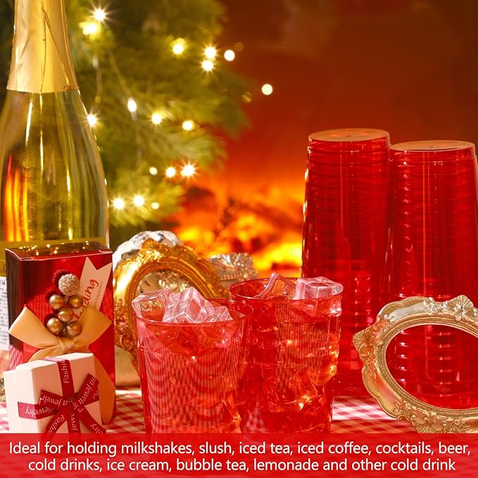 Minatee 100 Count Plastic Cups Disposable Fancy Cups Heavy Duty Wine Cocktail Glasses for Halloween Wedding Christmas Birthday Party Supplies Plastic Drinking Tumblers(Red,10 oz)