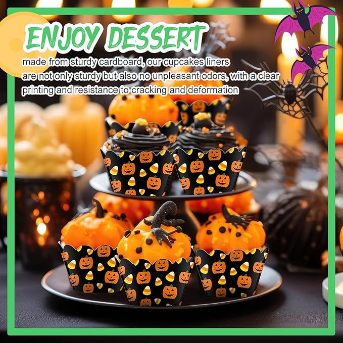 Domensi 100 Pcs Halloween Pumpkin Cupcake Wrappers Rustic Cupcake Liners Pumpkin Candy Corn Baking Cups Baking Liners for Wedding Bridal Baby Shower Birthday Halloween Party Supplies Dessert Decors