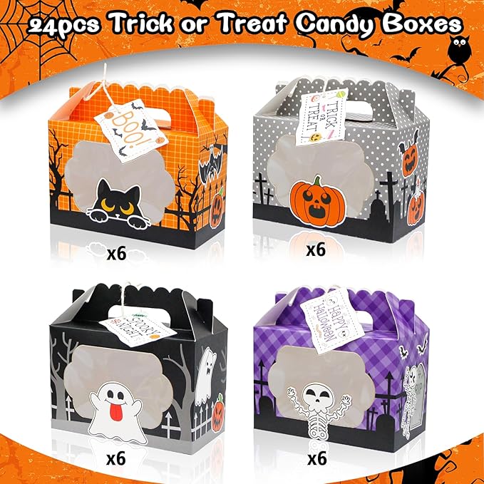 24 Pack Halloween Treat Boxes, Trick or Treat Candy Boxes with Window Halloween Party Favors Gift Goodie Boxes Supplies for Cookie Biscuit Donuts Dessert Cupcake Pie