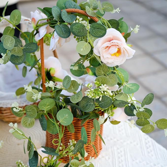 2Pcs Total 13 feet Eucalyptus Flower Garland with Fake Rose Flower, Artificial Fake Flowers Greenery Garland Floral Vines for Decoration Party Wedding Table Indoor Outdoor Backdrop Wall Decor（Pink）