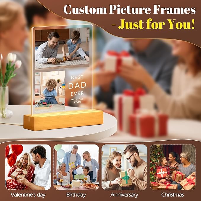 Custom Picture Frames with Photo, Personalized Photo Frame with Night Light, Customized Picture Frames, Custom Photo Gifts, Personalized Birthday Gifts for Dad, Baby, Kids, Family