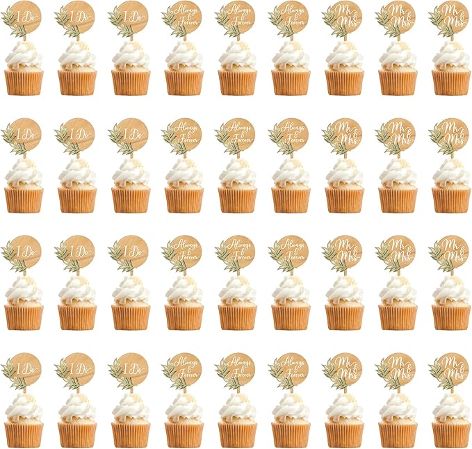 36 PCS Mr & Mrs Wedding Cupcake Toppers with Green Leaves Engagement Cake Decorations
