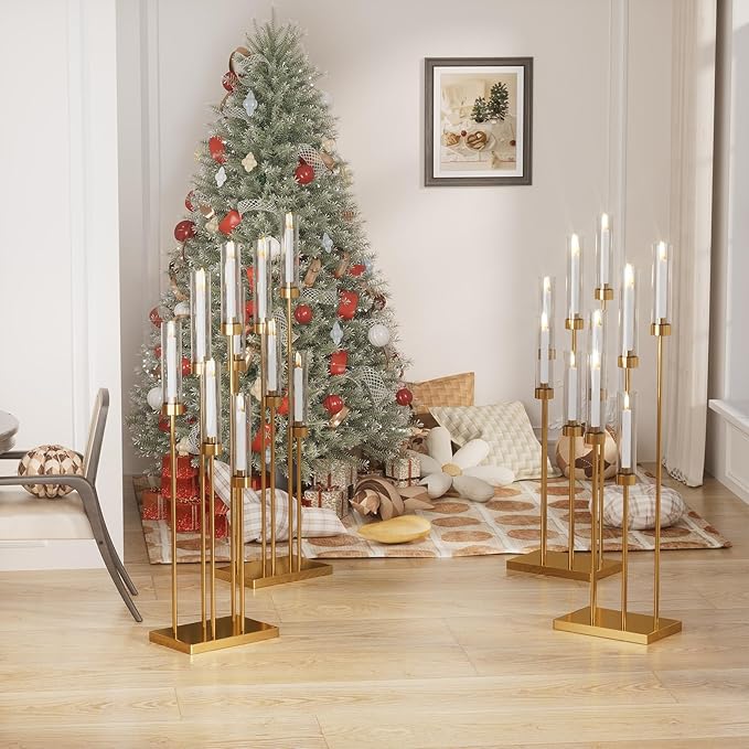 42.5'' Floor Candelabra 5 Arm Candelabra Centerpieces for Tables Gold Candle Sticks Holder 4 Set Tall Metal Candlestick with Acrylic Lampshades for Home Christmas Party (Square)