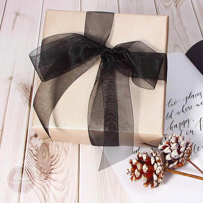Ribbli Black Sheer Organza Ribbon,1-1/2 Inches x Continuous 50 Yard Use for Gift Wrapping,Bouquet Wrapping,Wedding Decoration,All Crafting and Sewing