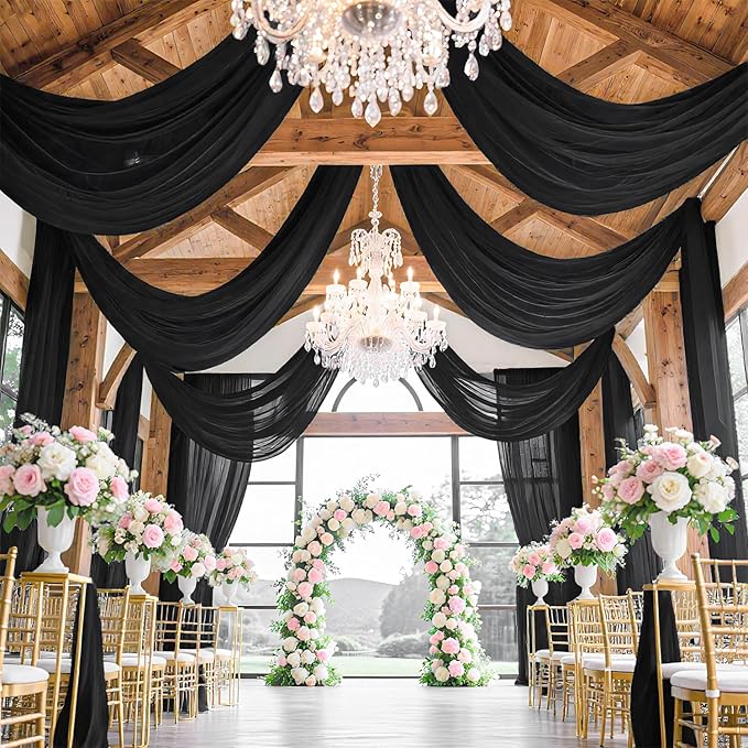 FUHSY Wedding Ceiling Drapes Black Ceiling Drapes for Weddings 5FTx30FT 2 Panels Wedding Arch Drapery Ceiling Fabric Draping Fabric Sheer Voile Curtain Arch Drapes for Ceremony Outdoor Indoor