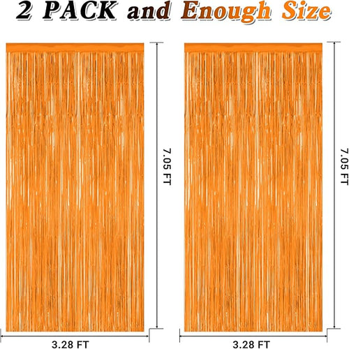 2 Pack Backdrop Curtains, 3.28 FT x 7.05 FT Orange Color Tinsel Backdrop, Metallic Party Streamer Fringe Curtains, Foil Curtains Halloween Decor Birthday Party Supplies