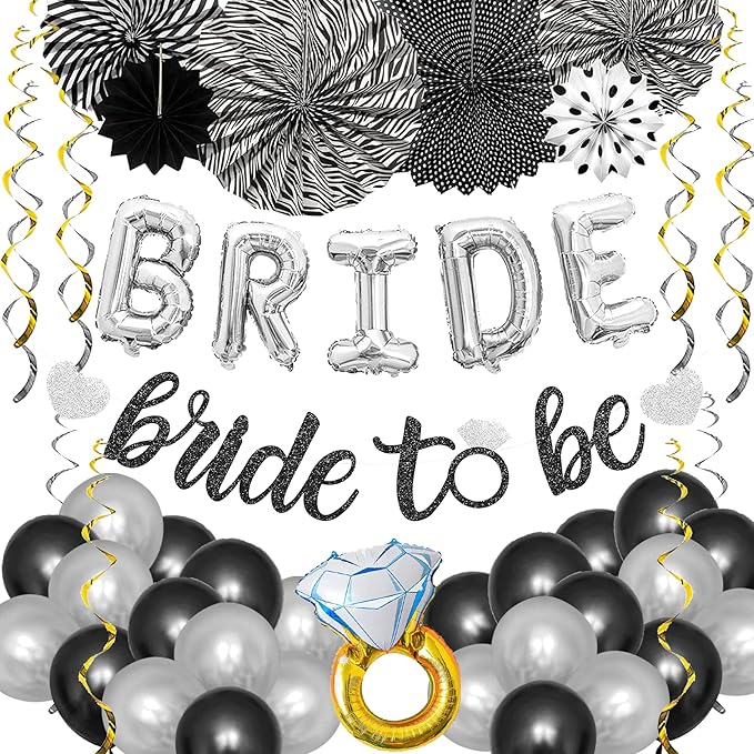 Black Silver Party Decorations - Bridal Shower Decorations Set Bachelorette Party Supplies with Bride to Be Banner,Bride Foil Balloon,Diamond Ring Foil Balloon,Paper Fan Hanging Swirl