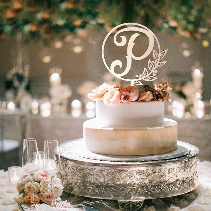 LINGTEER Personalized Inital Letter P Wooden Cake Topper Perfect for Birthday Rustic Wedding Anniversary Party Keepsake Decoration