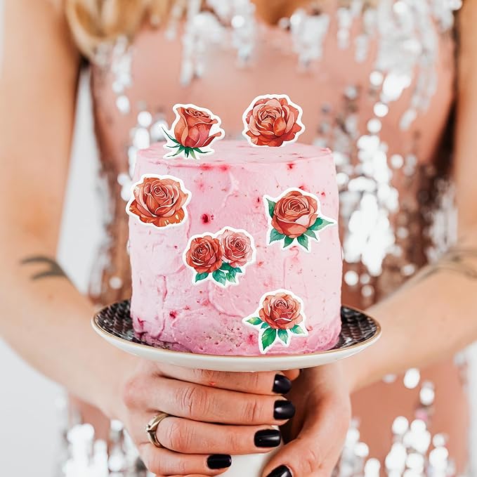 48PCS Edible Rose Flower Cupcake Toppers Wafer Paper Roses Decorations Flower Birthday Party Decorations Rose Cake Toppers for Wedding Engagement Birthday Party Cake Decor Supplies (Red)