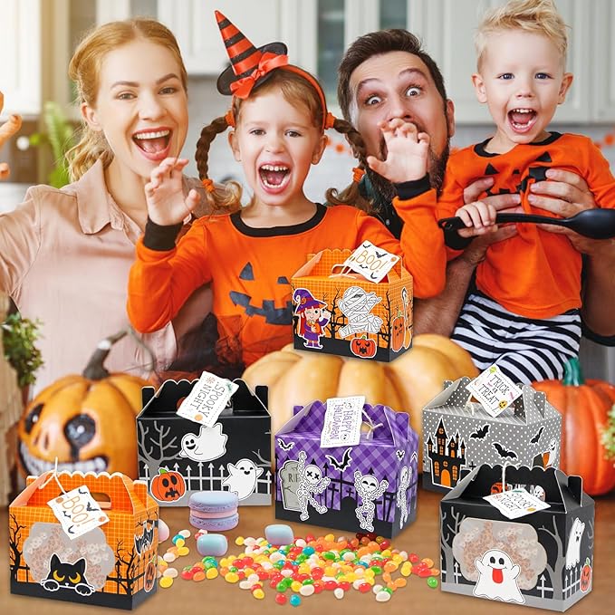 24 Pack Halloween Treat Boxes, Trick or Treat Candy Boxes with Window Halloween Party Favors Gift Goodie Boxes Supplies for Cookie Biscuit Donuts Dessert Cupcake Pie