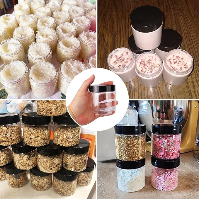 48 Packs 6 OZ Transparent Plastic Jars with black Lids, Body Butter Containers, Cosmetic Containers jars for Kitchen Ingredients, beads, sequins, Lotion, Cream, DIY Crafts and More by KUKLIPJIM.