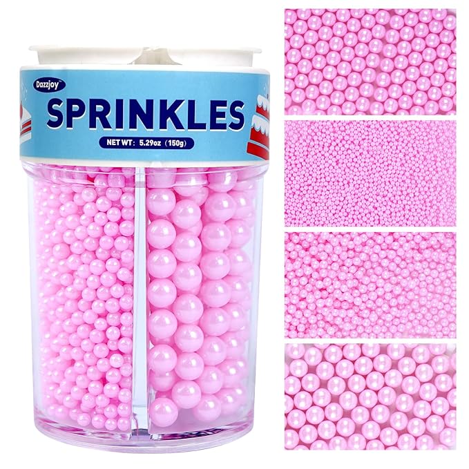 Dazzjoy Edible Pink Pearls Sugar Sprinkles, 150g/5.29oz, Pink Pearl Sprinkles for Cake Decorating, Cake Decoration & Cupcake Topper, Valentines Supplies
