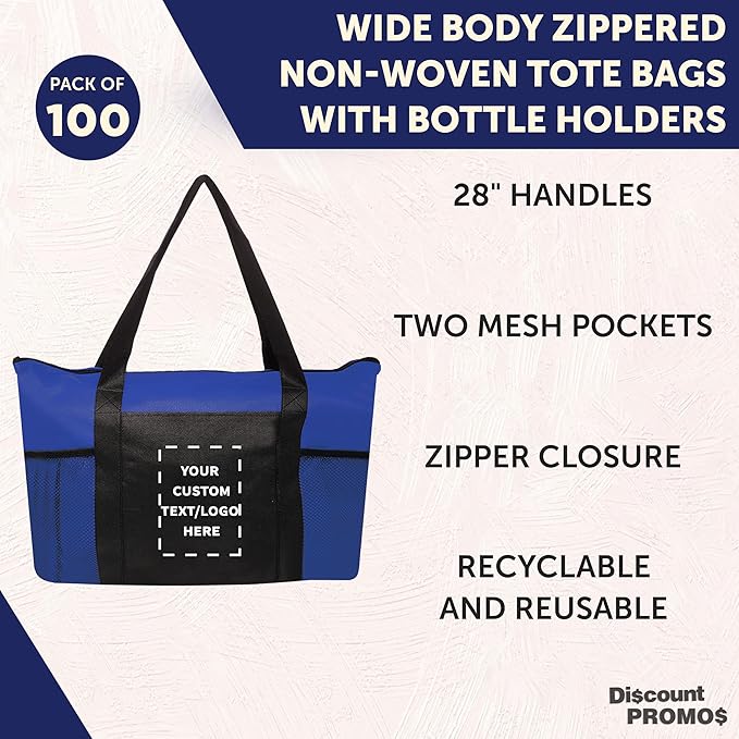 DISCOUNT PROMOS 100 Zippered Non-Woven Tote Bags Set - Customizable Text, Logo - Mesh Pocket, Zippered, Recyclable, Reusable - Blue - 19"X14"X3", with Zipper