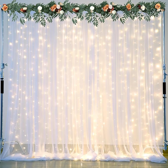 White Tulle Backdrop Curtain with Lights String for Parties Wedding Bridal Shower Sheer White Curtain Backdrop for Birthday Baby Shower Photo Booth Photography Background Decorations 20ft x 8ft