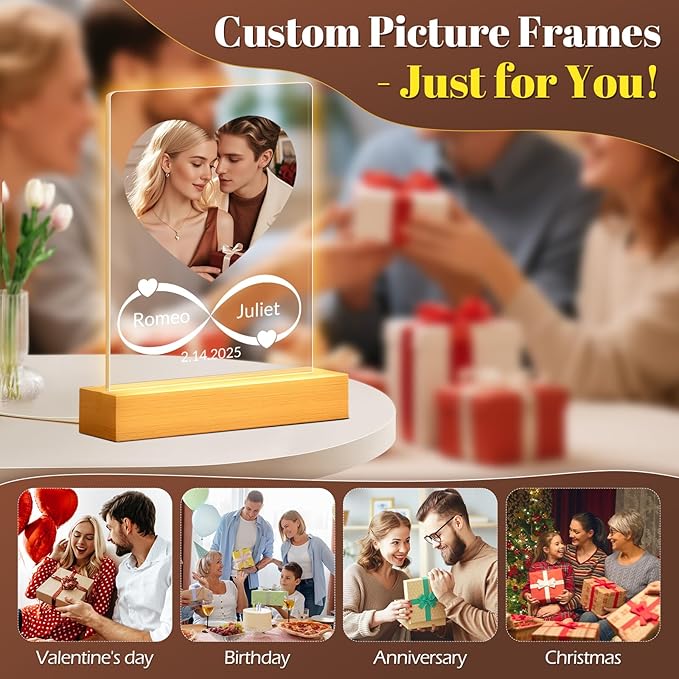 Custom Picture Frames with Photo, Personalized Photo Frame with Night Light, Customized Picture Frames, Personalized Anniversary Couple Gifts for Women, Men, Him, Her, Boyfriend, Girlfriend