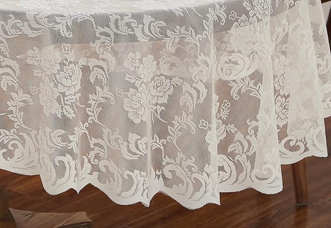 LinenZone Ivory Round Tablecloth for Rustic Vintage Decor. Sheer Lace Works Great As Wedding, Thanksgiving or Christmas Tablecloth (Mia 70 Round, Ivory)