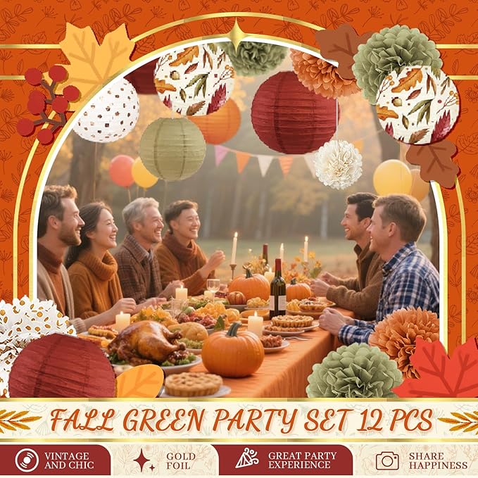 NICROLANDEE Fall Wedding Decorations, 12 PCS Orange Maple Leaf Paper Lanterns Tissue Pom Poms for Thanksgiving Day Backdrop Decoration, Fall Baby Bridal Shower, Birthday, Autumn Harvest Party Decor