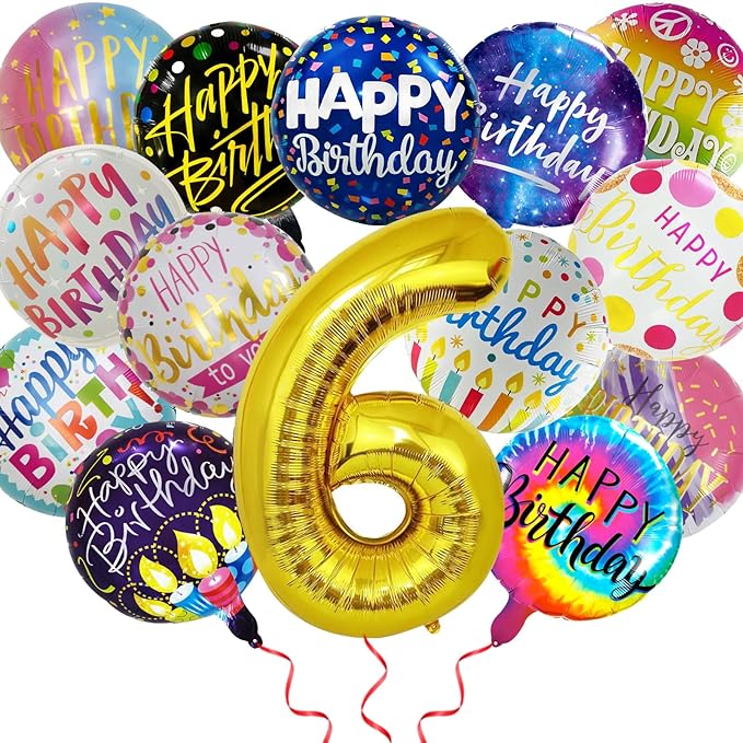 50 Pcs Happy Birthday Party Aluminum Foil Balloons and 6th Balloons, 18 Inch Round Aluminum Foil Balloon with" Happy Birthday" Sign, Birthday Decorations for Boys/Girls (Yellow, 6)