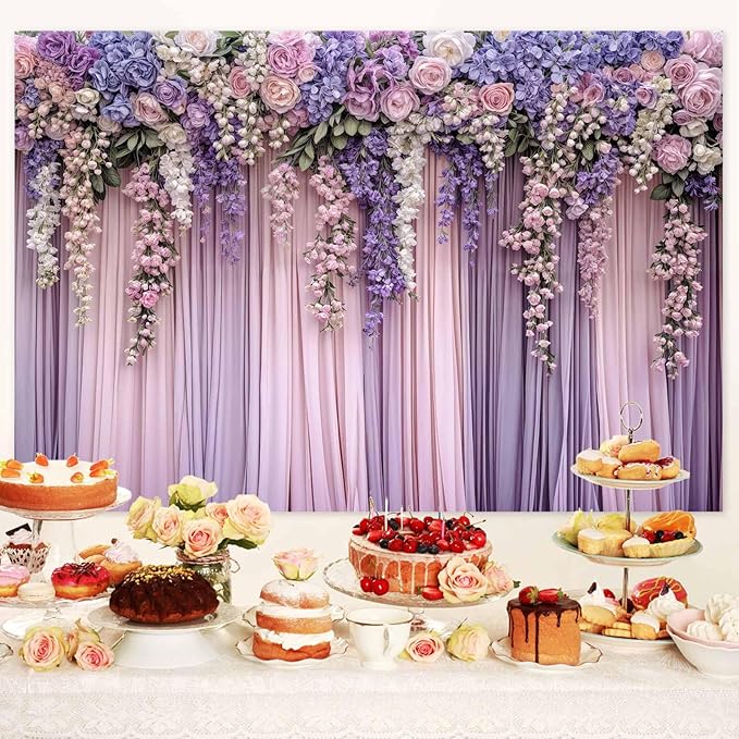 7x5ft Purple Flower Wedding Photography Backdrop Lavender Floral Wedding Bridal Photography Backdrop Anniversary Birthday Baby Shower Girl Party Banner Photo Booth Props Background Wall Decor