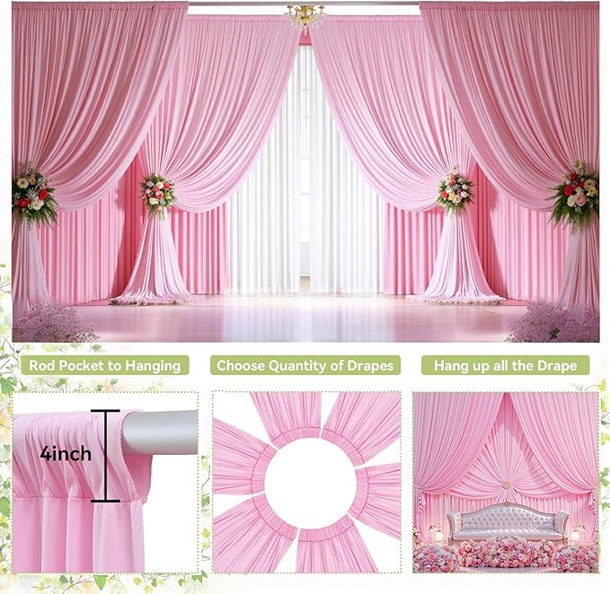 PartyVillage 10ft×15ft Light Pink Backdrop Curtain for Wedding Parties, 2 Panels Wrinkle Free 15 FT Long Polyester Photo Backdrop Drapes Back Drop Cloth for Birthday Photography Background