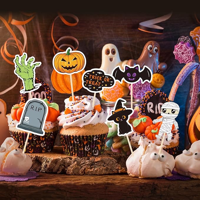 NACHLYNN 70pcs Halloween Cupcake Toppers Spooky Haunted House Night Party Fruit Cake Decoration Favors