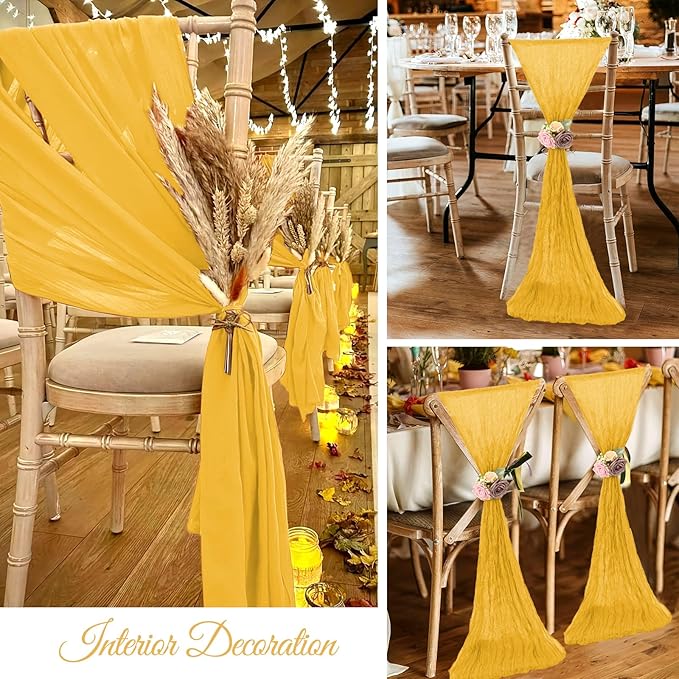 36 Pcs Mustard Yellow Cheesecloth Chair Sashes, 16 x 108 inch Gauze Fabric Washable Chair Sashes Bows Designed for Aisle Decorations Universal Chairs Cover Decor for Wedding Reception Party Banquet