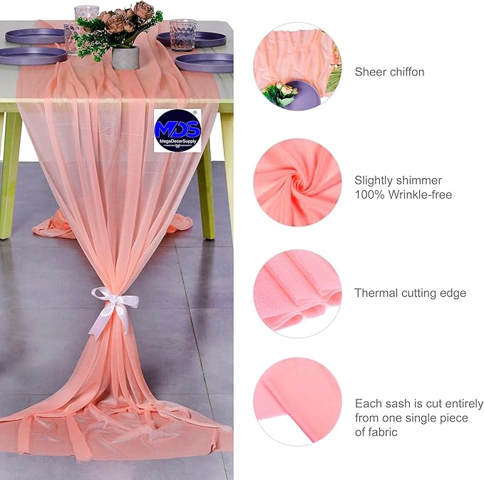MDS 2 Pack 14ft Chiffon Table Runner 29 x 170 Inches Sheer Wedding Runner Romantic Rustic Table Runner for Wedding Decorations, Birthday Parties, Bridal Shower Party Arch Decor - Peach