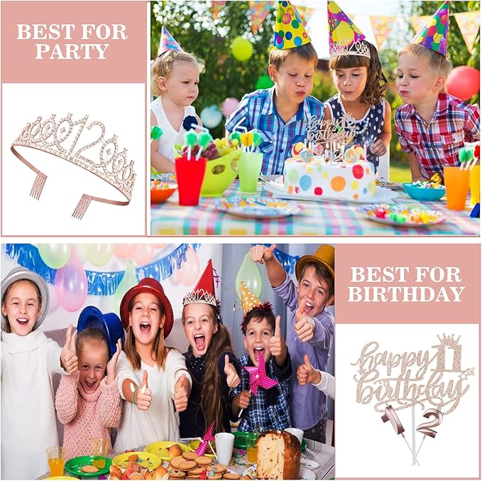 12th Birthday Decorations for Girls Including Sash, Crown/Tiara, Candles and Cake Topper, Rose Gold 12 Year Old Birthday Party Decorations for A Girl